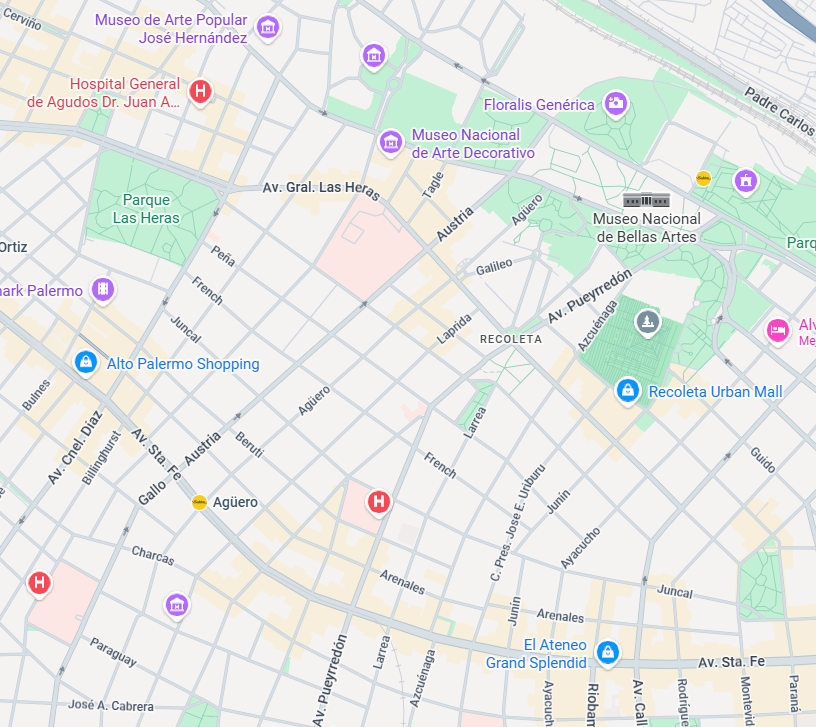 Mapa de Palermo y Barrio Norte con referencias como Alto Palermo Shopping, Parque Las Heras y Recoleta Urban Mall